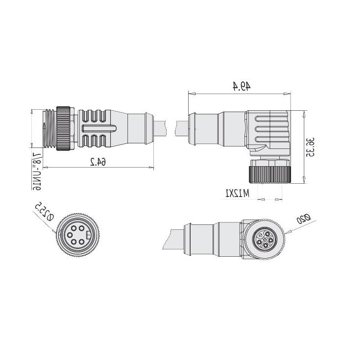 M12 5Pin female 90°L-coded turn 7/8"5Pin male straight A-coded, double-ended pre-cast PVC non-flexible cable, gray sheathing, 64L881-XXX