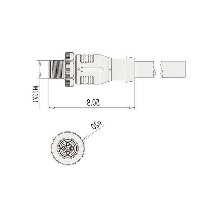 M12 4-pin S-coded, male straight, single-end precast PUR flexible cable, black sheath, 64SP25-XXX