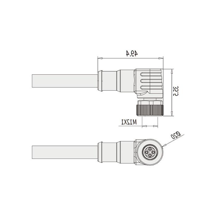 M12 4-pin S-coded, 90° female, single-end precast PUR flexible cable, black sheath, 64SP45-XXX