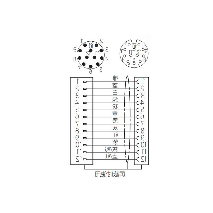 M12 12Pin, female straight to male straight, double end precast PUR flexible cable, black sheath, 64DA12-XXX